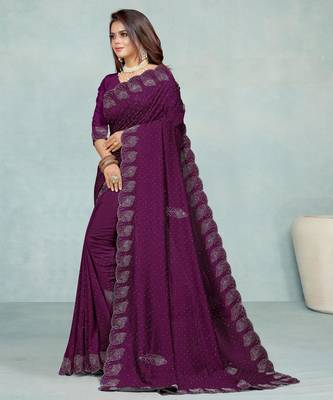 purple color georgette siroski work border saree with un-stitched blouse 2