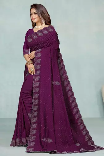 purple color georgette siroski work border saree with un-stitched blouse