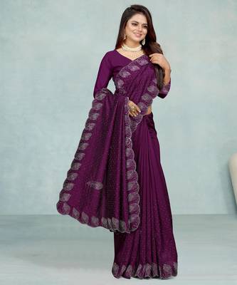 purple color georgette siroski work border saree with un-stitched blouse 3