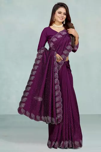 purple color georgette siroski work border saree with un-stitched blouse