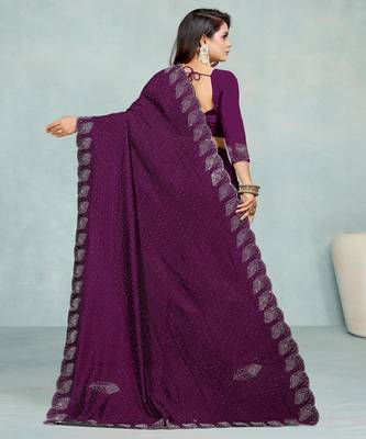 purple color georgette siroski work border saree with un-stitched blouse 5
