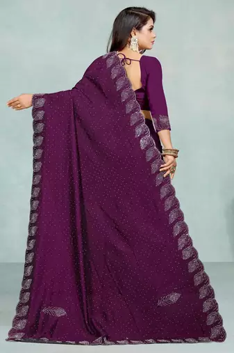 purple color georgette siroski work border saree with un-stitched blouse