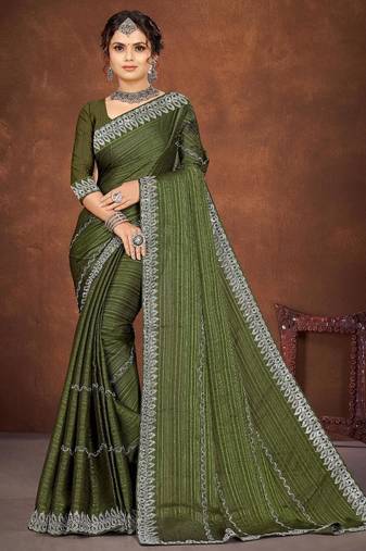 mehendi color georgette siroski work border saree with un-stitched blouse