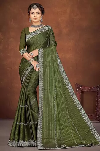mehendi color georgette siroski work border saree with un-stitched blouse