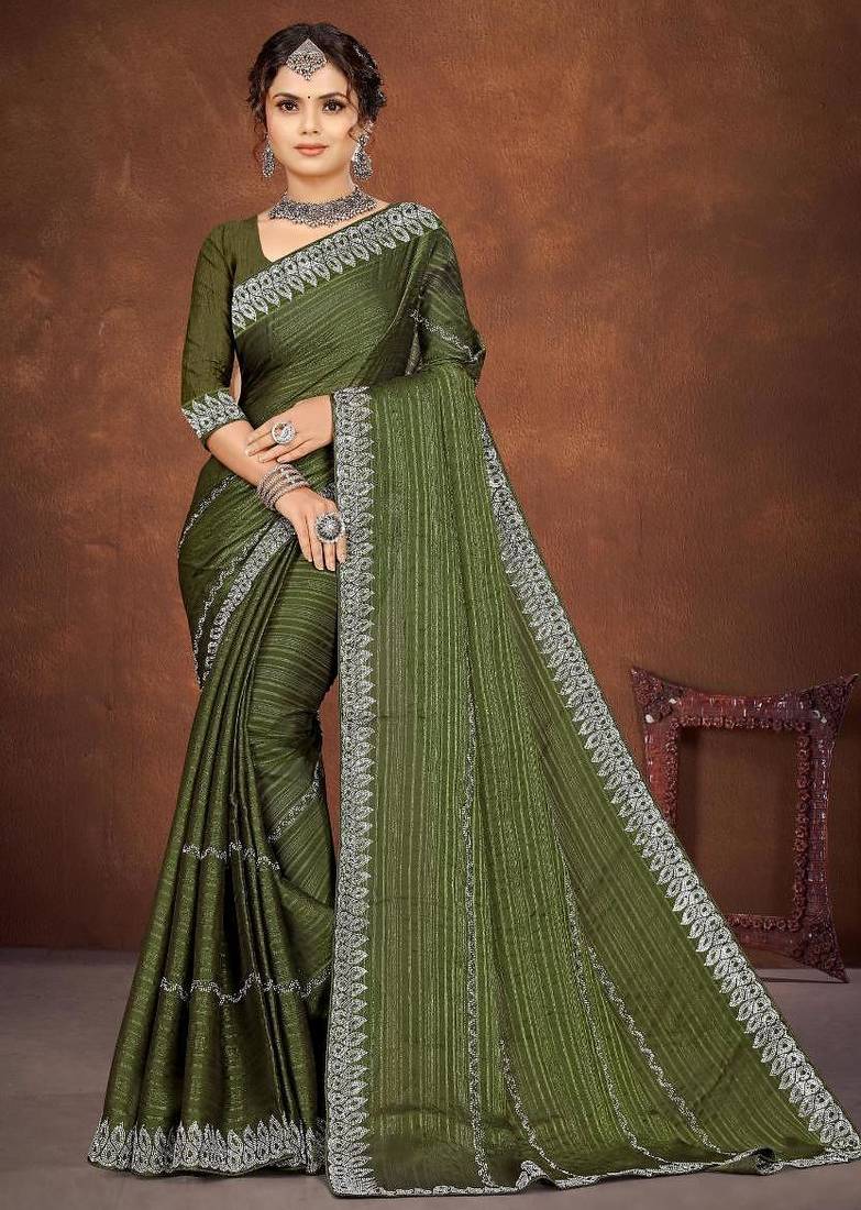 mehendi color georgette siroski work border saree with un-stitched blouse