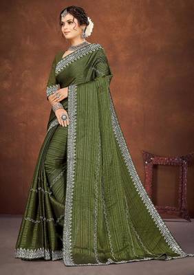 mehendi color georgette siroski work border saree with un-stitched blouse 2