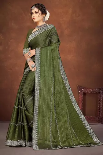 mehendi color georgette siroski work border saree with un-stitched blouse