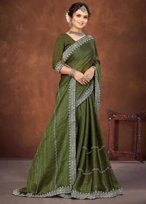 mehendi color georgette siroski work border saree with un-stitched blouse 3