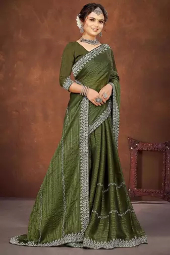 mehendi color georgette siroski work border saree with un-stitched blouse