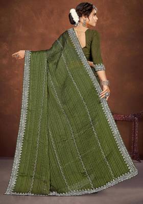 mehendi color georgette siroski work border saree with un-stitched blouse 4
