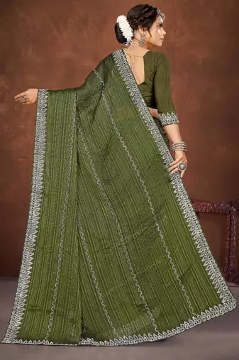 mehendi color georgette siroski work border saree with un-stitched blouse