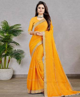yellow color georgette siroski work border saree with un-stitched blouse 1