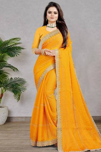 yellow color georgette siroski work border saree with un-stitched blouse