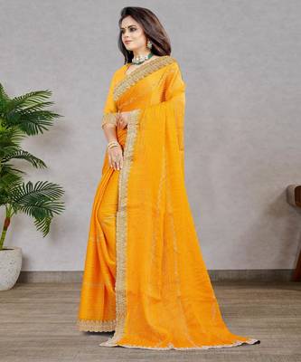 yellow color georgette siroski work border saree with un-stitched blouse 2