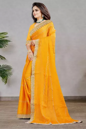 yellow color georgette siroski work border saree with un-stitched blouse