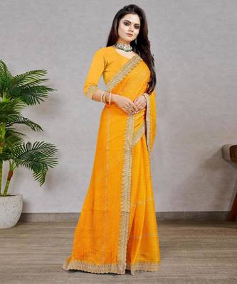 yellow color georgette siroski work border saree with un-stitched blouse 3