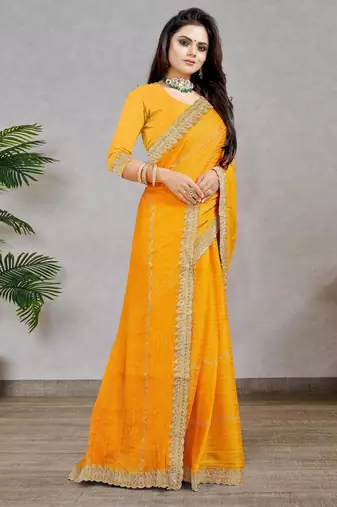 yellow color georgette siroski work border saree with un-stitched blouse