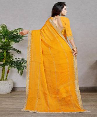 yellow color georgette siroski work border saree with un-stitched blouse 4