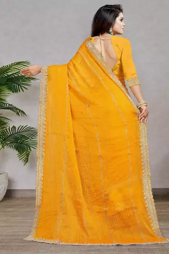 yellow color georgette siroski work border saree with un-stitched blouse