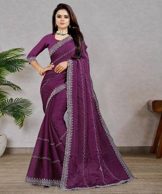 purple color georgette siroski work border saree with un-stitched blouse 1
