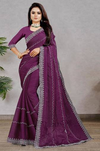 purple color georgette siroski work border saree with un-stitched blouse