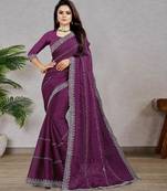 purple color georgette siroski work border saree with un-stitched blouse