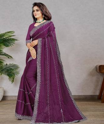 purple color georgette siroski work border saree with un-stitched blouse 2