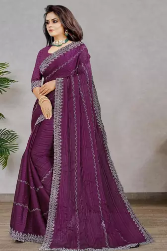 purple color georgette siroski work border saree with un-stitched blouse