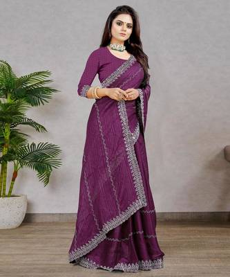 purple color georgette siroski work border saree with un-stitched blouse 3