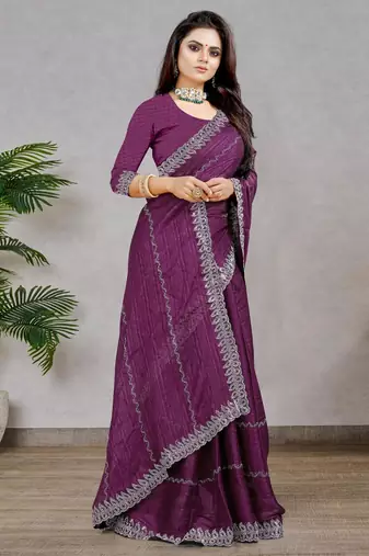 purple color georgette siroski work border saree with un-stitched blouse