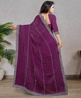 purple color georgette siroski work border saree with un-stitched blouse 4