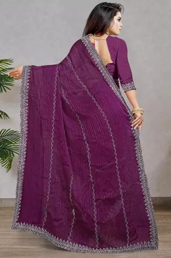 purple color georgette siroski work border saree with un-stitched blouse