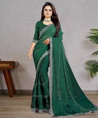 green color georgette siroski work border saree with un-stitched blouse 1
