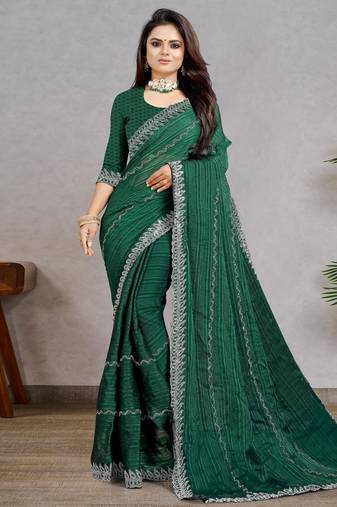 green color georgette siroski work border saree with un-stitched blouse