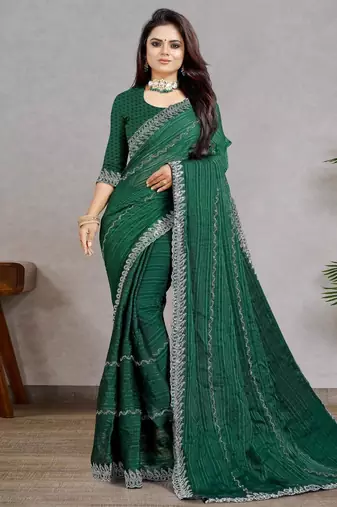 green color georgette siroski work border saree with un-stitched blouse