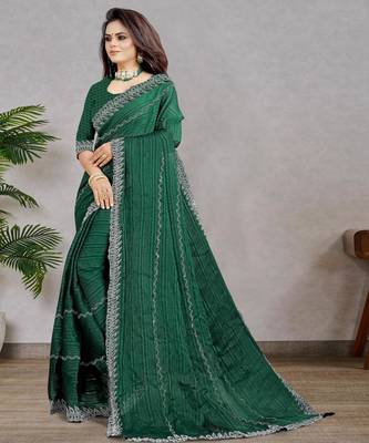 green color georgette siroski work border saree with un-stitched blouse 2