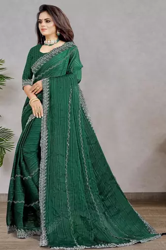 green color georgette siroski work border saree with un-stitched blouse