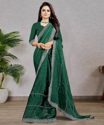 green color georgette siroski work border saree with un-stitched blouse 3