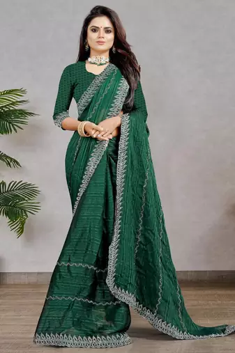 green color georgette siroski work border saree with un-stitched blouse