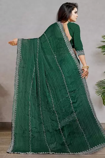 green color georgette siroski work border saree with un-stitched blouse