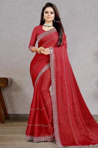 red color georgette siroski work border saree with un-stitched blouse
