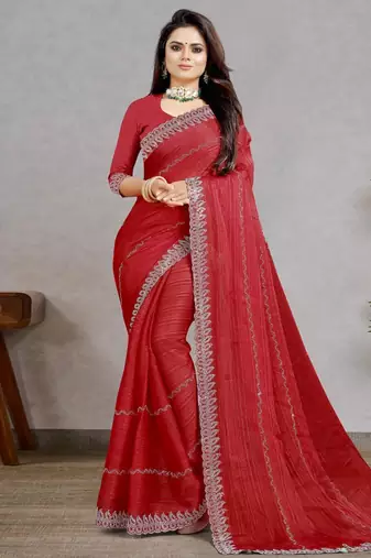 red color georgette siroski work border saree with un-stitched blouse