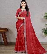 red color georgette siroski work border saree with un-stitched blouse