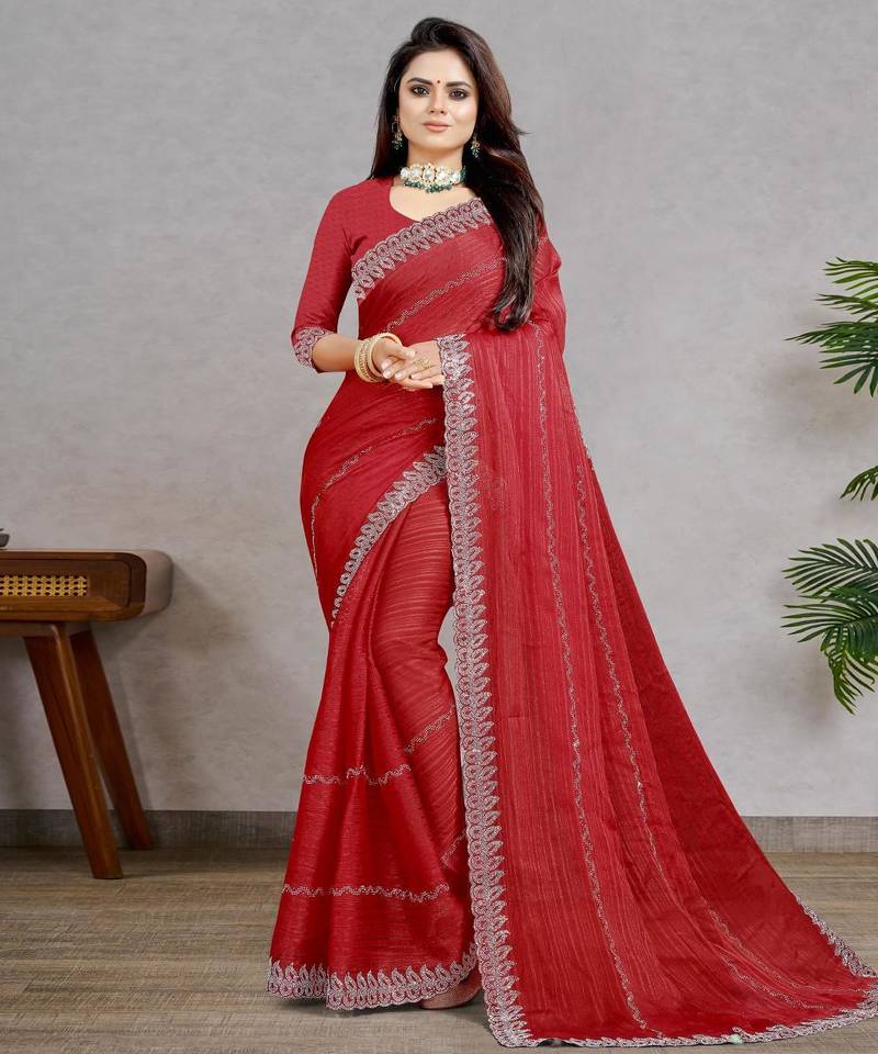 red color georgette siroski work border saree with un-stitched blouse