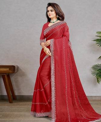red color georgette siroski work border saree with un-stitched blouse 2