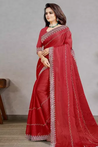 red color georgette siroski work border saree with un-stitched blouse