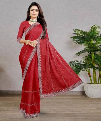 red color georgette siroski work border saree with un-stitched blouse 3
