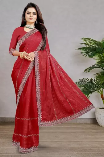 red color georgette siroski work border saree with un-stitched blouse