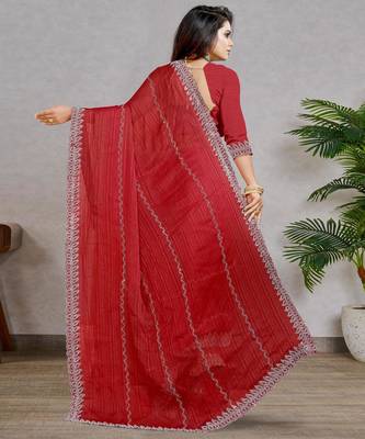 red color georgette siroski work border saree with un-stitched blouse 4