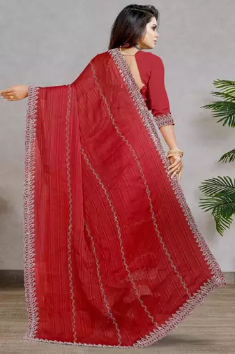red color georgette siroski work border saree with un-stitched blouse